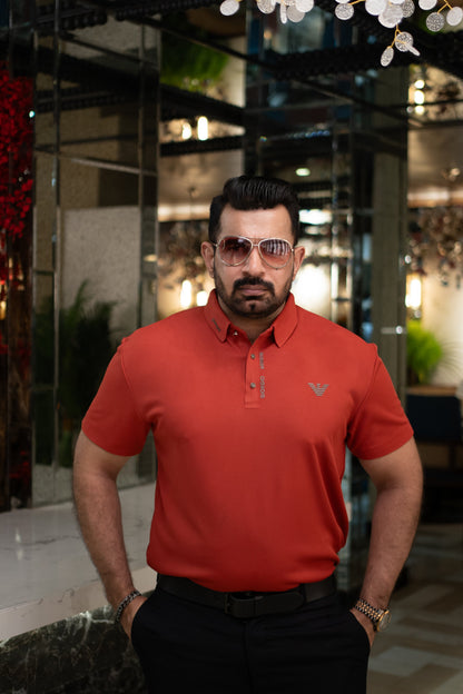 ITALIAN TEXTURED STITCHLESS POLO SHIRT LVPS-011 CARROT RED