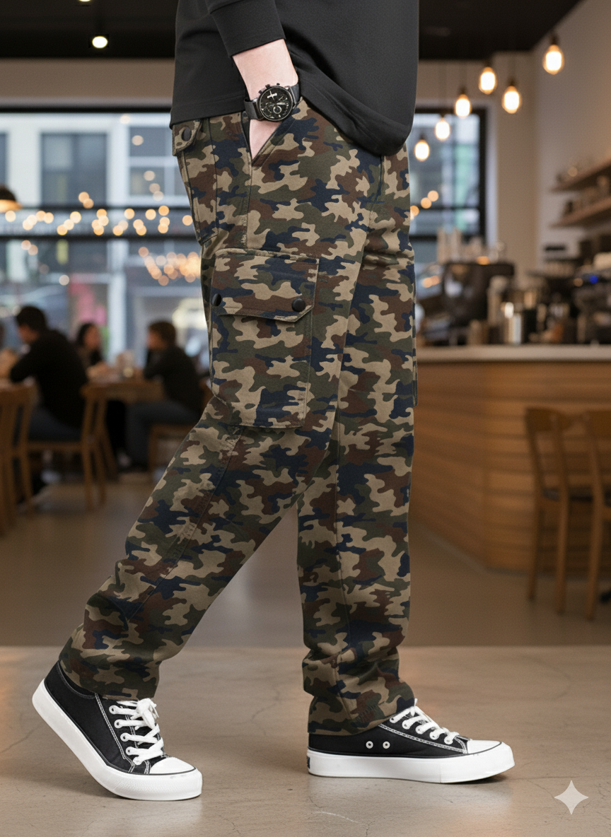 Men's Italian Skin Gray Camouflage Cargo 6 Pocket With Mate Stud Button