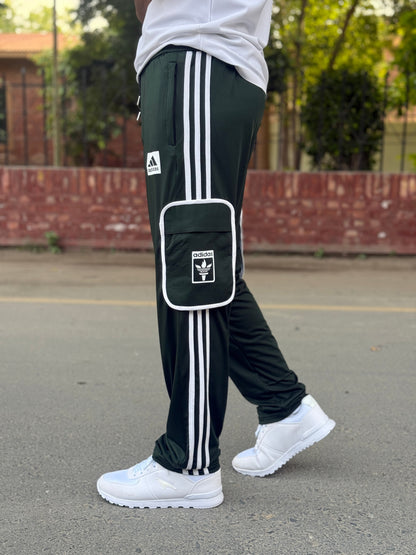 Premium Bottle Green Three Tapes Men's 4 way Stretch-able Lycra Oval Pocket Cargo Trousers
