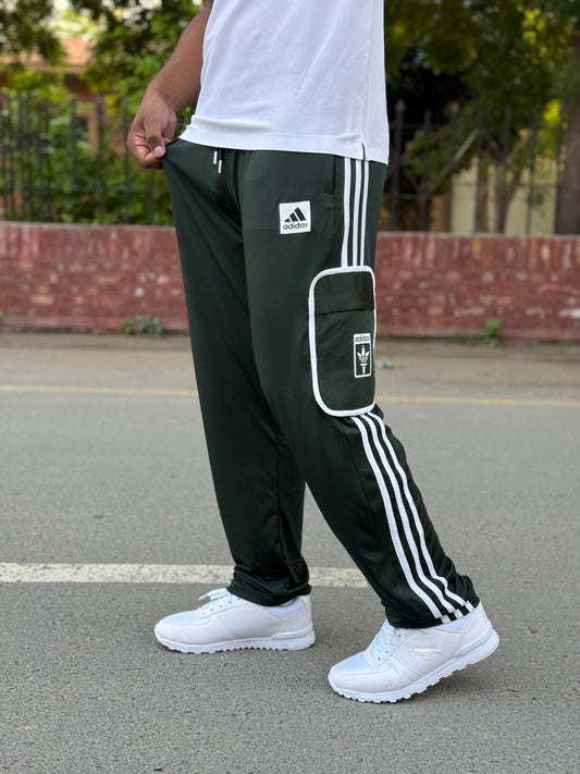 Premium Bottle Green Three Tapes Men's 4 way Stretch-able Lycra Oval Pocket Cargo Trousers