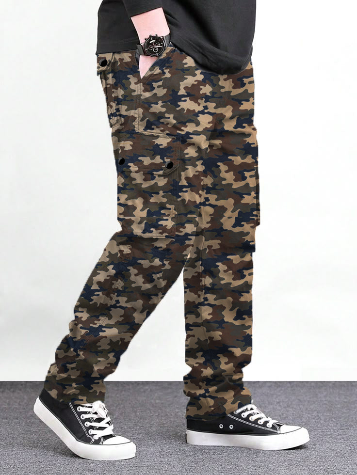 Men's Italian Skin Gray Camouflage Cargo 6 Pocket With Mate Stud Button