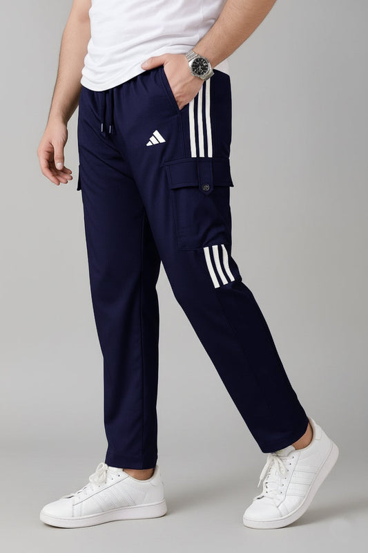 Premium Navy Blue  Three Tapes Men's 4 way Stretch-able Lycra Cargo Trouser